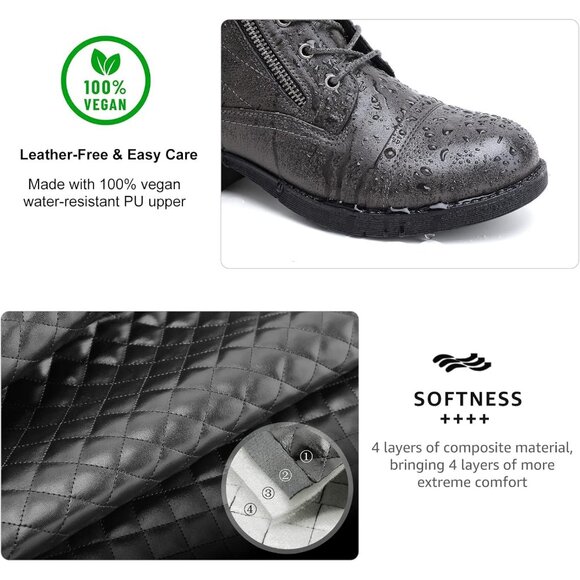 STQ Women's Grey Synthetic Side Zipper Combat Boots Lace up Ankle Booties - Picture 3 of 9